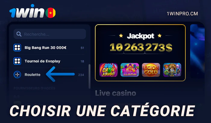 Sélection de catégories au casino en direct 1Win
